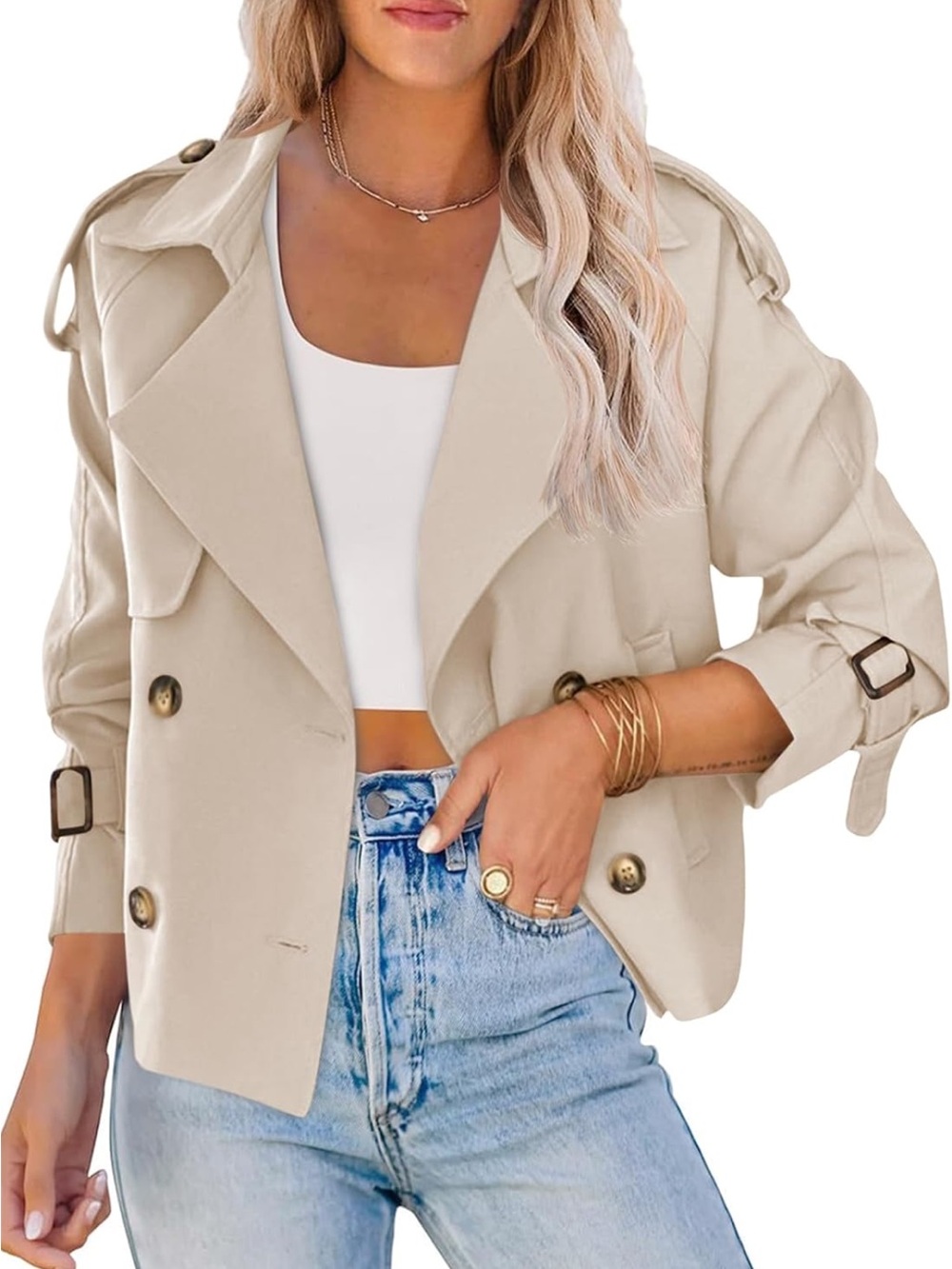 Saodimallsu Women Crop Double Breasted Trench Coat Raglan Sleeve Cropped Jacket